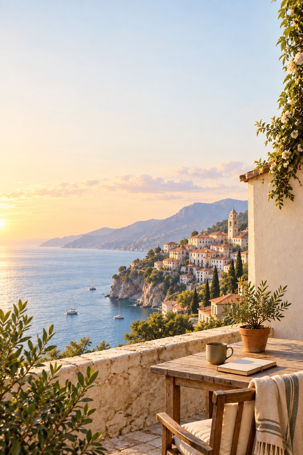 Quiet Mediterranean terrace overlooking a coastal village